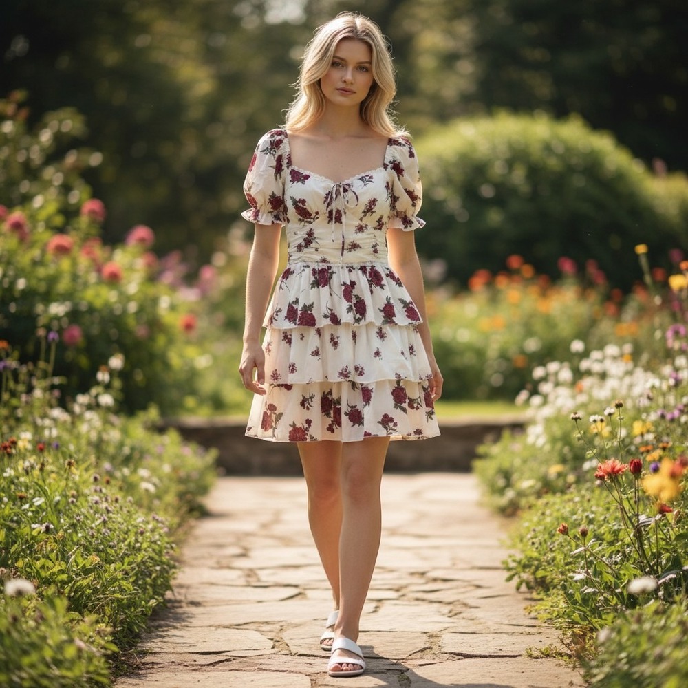 Thirty/Thirty LA Red Rose Floral Tiered Mini Dress Cottagecore Cream Small NWT‎